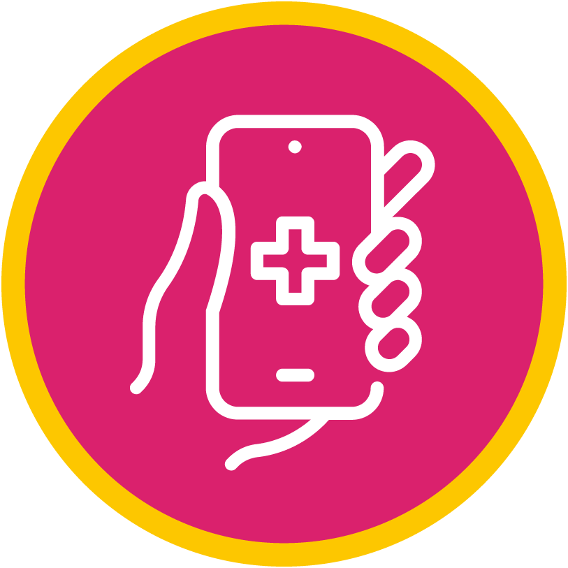 Icon of a hand holding a phone with a medical symbol on the screen 